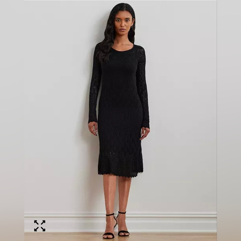 Lauren Ralph Lauren Black Pointelle Knit Long Sleeve Dress Size Medium NWT $295